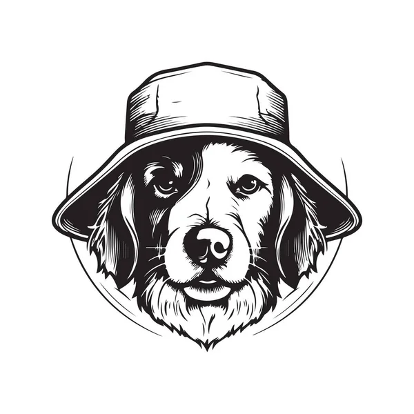 Pies Nosi Kapelusz Wiadro Vintage Logo Linii Sztuki Koncepcja Czarno — Wektor stockowy