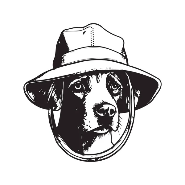 狗戴斗篷帽 老式标识线条艺术概念黑白色彩 手绘图解 — 图库矢量图片