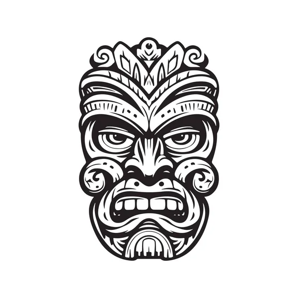 Hawaiian Tiki Деревянная Голова Винтажный Логотип Линии Художественной Концепции Черно — стоковый вектор