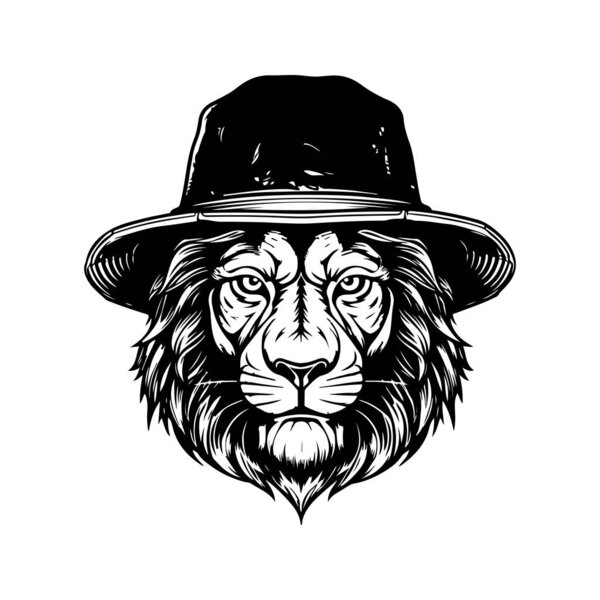 lion wearing bucket hat, vintage logo line art concept black and white color, hand drawn illustration