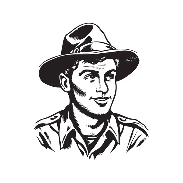 Hombre Scout Vintage Logotipo Línea Arte Concepto Negro Blanco Color — Vector de stock