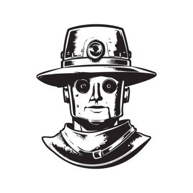Erkek izci robotu, klasik logo çizgisi sanat konsepti siyah beyaz, el çizimi illüstrasyon