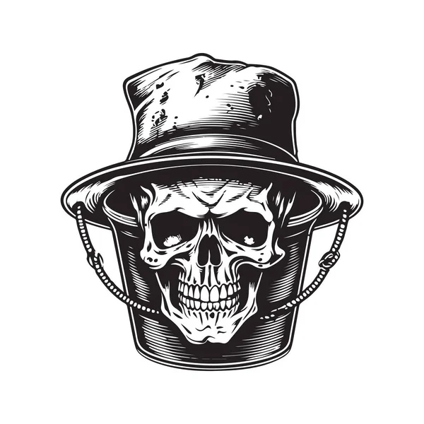 バケツ帽子 ヴィンテージロゴラインアートコンセプト黒と白 手描きイラストを身に着けている頭蓋骨 — ストックベクタ