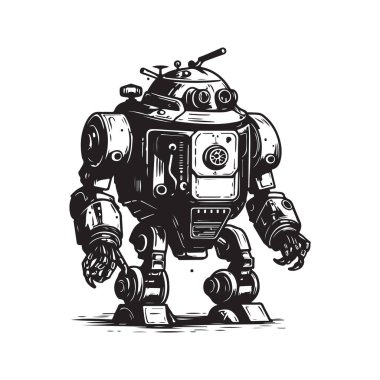 dövüş robotu, klasik logo çizgisi sanat konsepti siyah beyaz renk, el çizimi illüstrasyon