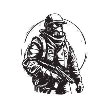 Siber Punk askeri şehir devriyesi, klasik logo hattı sanat konsepti siyah-beyaz renk, el yapımı illüstrasyon
