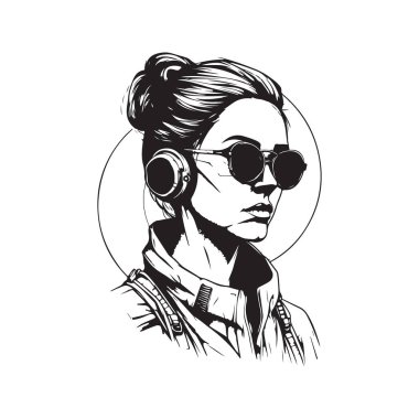 Gözlüklü siber punk kadın, klasik logo çizgisi sanat konsepti siyah beyaz renk, el çizimi illüstrasyon