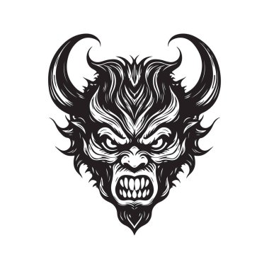 İblis canavar, klasik logo çizgisi sanat konsepti siyah beyaz renk, el çizimi illüstrasyon