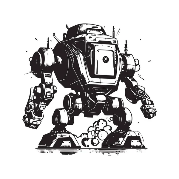 戦闘ロボットヴィンテージロゴラインアートコンセプト黒と白手描きイラスト — ストックベクタ