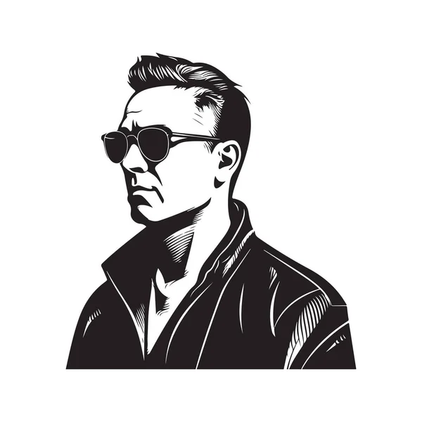 Selbstbewusster Erwachsener Mann Mit Sonnenbrille Vintage Logo Linie Kunstkonzept Schwarz — Stockvektor