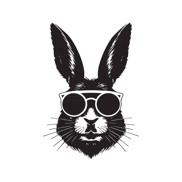 酷兔子与太阳镜 老式标志线艺术概念黑白色彩 手绘插图 — 图库矢量图片