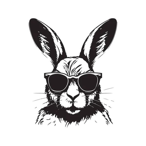 酷兔子与太阳镜 老式标志线艺术概念黑白色彩 手绘插图 — 图库矢量图片