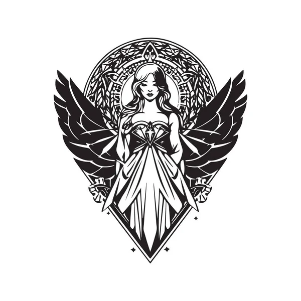 Crystalline Angel Vintage Logo Line Art Concept Black White Color — Stock Vector