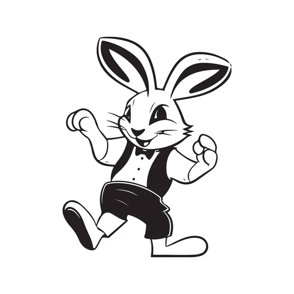 かわいいウサギのディスコダンス ヴィンテージロゴラインアートコンセプト黒と白 手描きイラスト — ストックベクタ