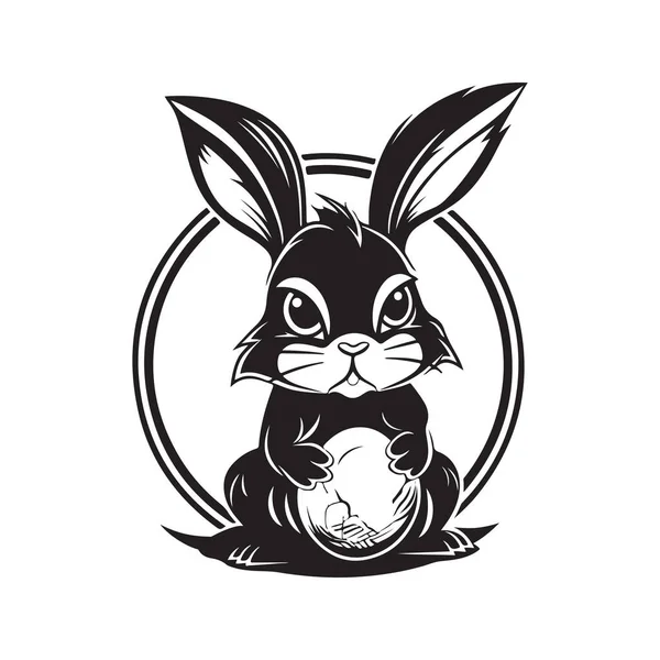 可爱的兔子与复活节蛋 老式标识线条艺术概念黑白色彩 手绘插图 — 图库矢量图片