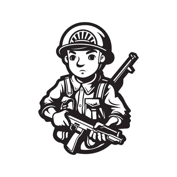 Roztomilý Voják Vintage Logo Linie Umění Koncept Černá Bílá Barva — Stockový vektor