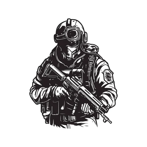 Cyberpunk Soldat Ville Patrouille Vintage Logo Ligne Art Concept Noir — Image vectorielle
