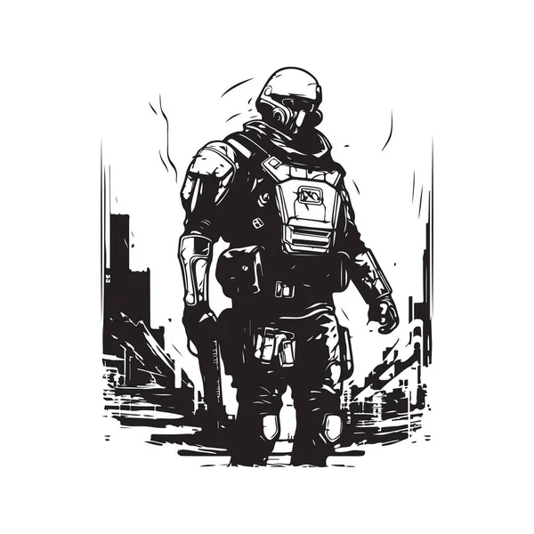 Cyberpunk Soldier City Patrol Vintage Logo Line Art Concept Schwarz — Stockvektor