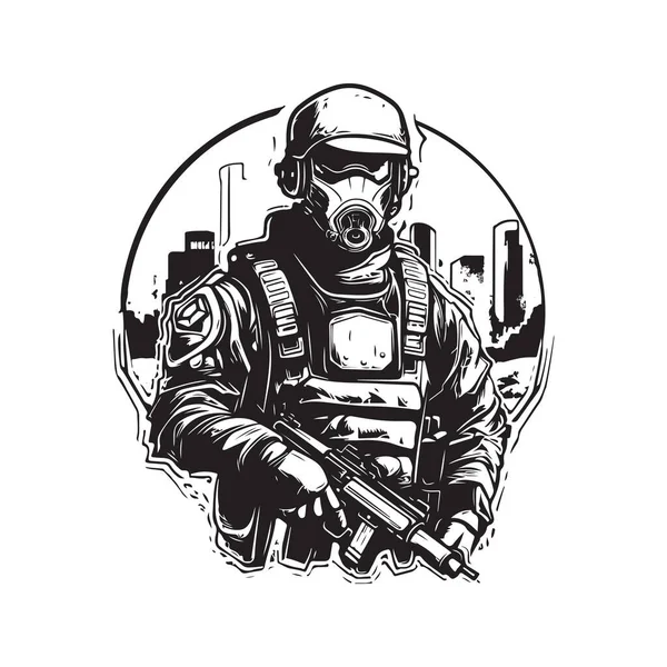 Cyberpunk Soldaat Stad Patrouille Vintage Logo Lijn Kunst Concept Zwart — Stockvector