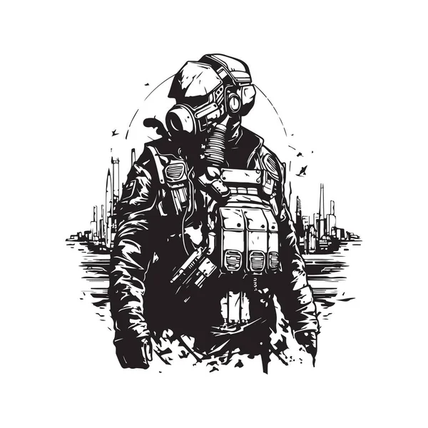 Cyberpunk Soldat Stadtkrieg Vintage Logo Line Art Concept Schwarz Und — Stockvektor