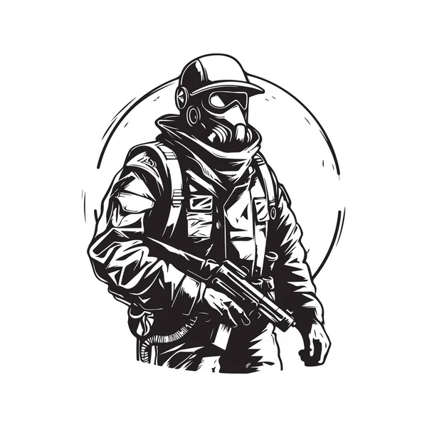 Киберпанк Солдат Городской Патруль Винтажный Логотип Линия Художественная Концепция Черно — стоковый вектор
