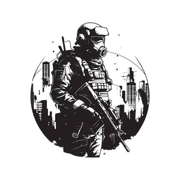Cyberpunk Soldado Cidade Guerra Logotipo Vintage Linha Arte Conceito Preto —  Vetores de Stock