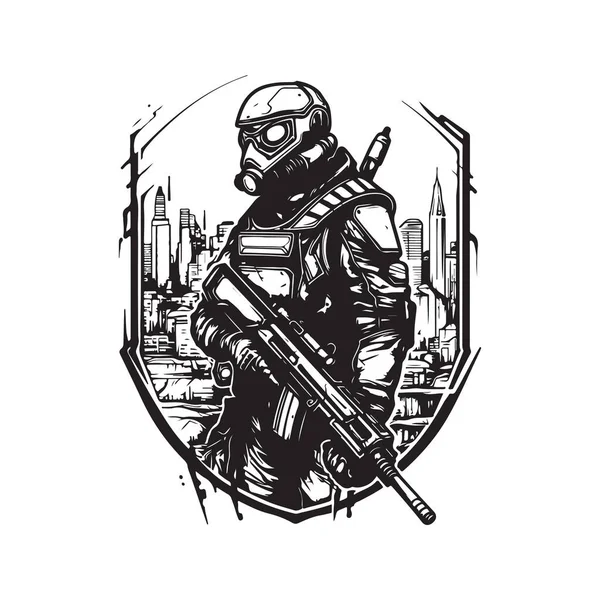 Cyberpunk Soldado Guerra Ciudad Concepto Arte Línea Logotipo Vintage Color — Archivo Imágenes Vectoriales