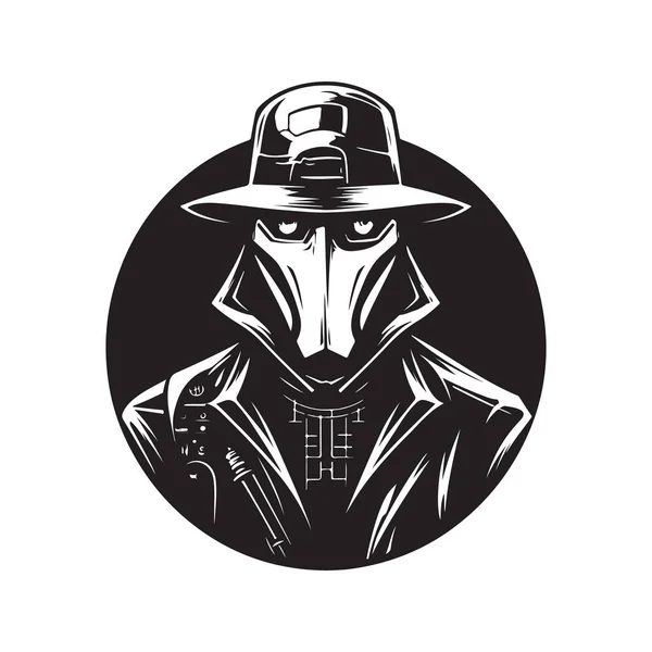 サイバーウェアハッカーのボスヴィンテージロゴラインアートコンセプト黒と白 手描きイラスト — ストックベクタ