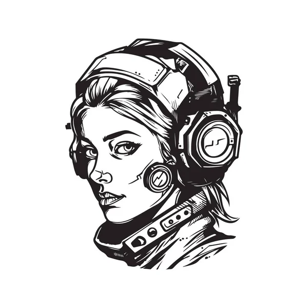 Cyborg Dziewczyna Vintage Logo Linia Sztuka Koncepcja Czarno Biały Kolor — Wektor stockowy