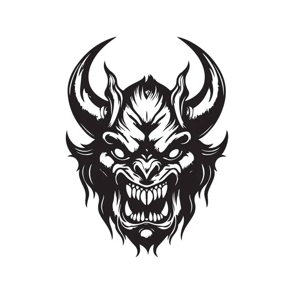 Mostro Demone Vintage Logo Linea Art Concetto Colore Bianco Nero — Vettoriale Stock