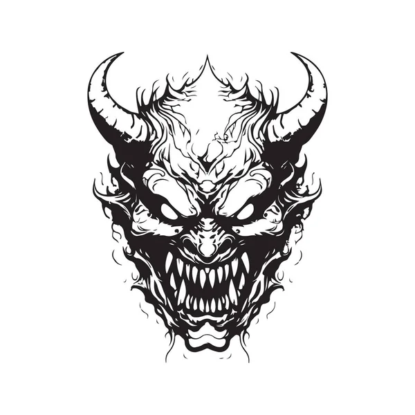 Mostro Demone Vintage Logo Linea Art Concetto Colore Bianco Nero — Vettoriale Stock