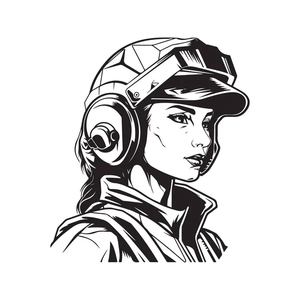Futuristisches Soldatenmädchen Vintage Logo Linie Kunstkonzept Schwarz Weiße Farbe Handgezeichnete — Stockvektor