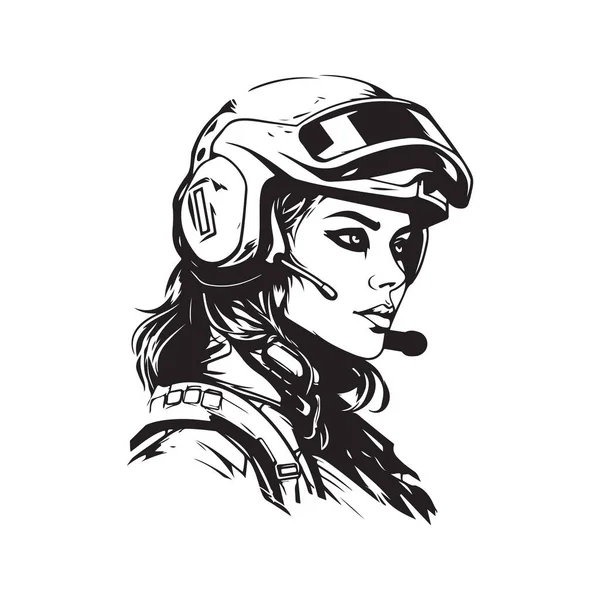 Gelecekçi Asker Kız Klasik Logo Çizgisi Sanat Konsepti Siyah Beyaz — Stok Vektör