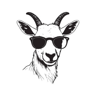 Güneş gözlüğü takan keçi, klasik logo çizgisi sanat konsepti siyah beyaz, el çizimi illüstrasyon