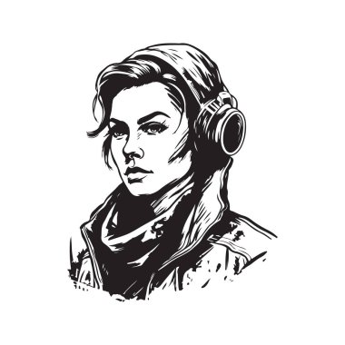 Portre genç asi kız, klasik logo çizgisi sanat konsepti siyah beyaz renk, el çizimi illüstrasyon