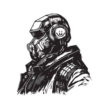 Bilim kurgu siber punk gangsteri, klasik logo çizgisi sanat konsepti siyah beyaz renk, el çizimi illüstrasyon