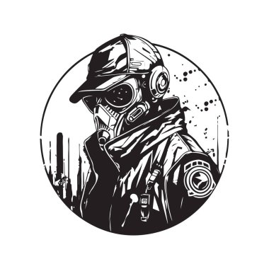 Bilim kurgu siber punk gangsteri, klasik logo çizgisi sanat konsepti siyah beyaz renk, el çizimi illüstrasyon