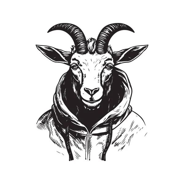 Goat Wearing Hoodie Vintage Logo Line Art Concept Black White — Stock Vector