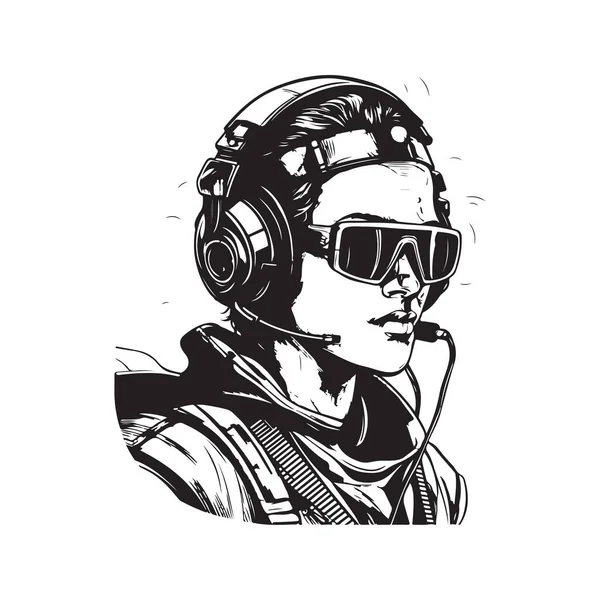 Mężczyzna Sobie Cyberpunk Zestaw Słuchawkowy Vintage Logo Linii Sztuki Koncepcja — Wektor stockowy