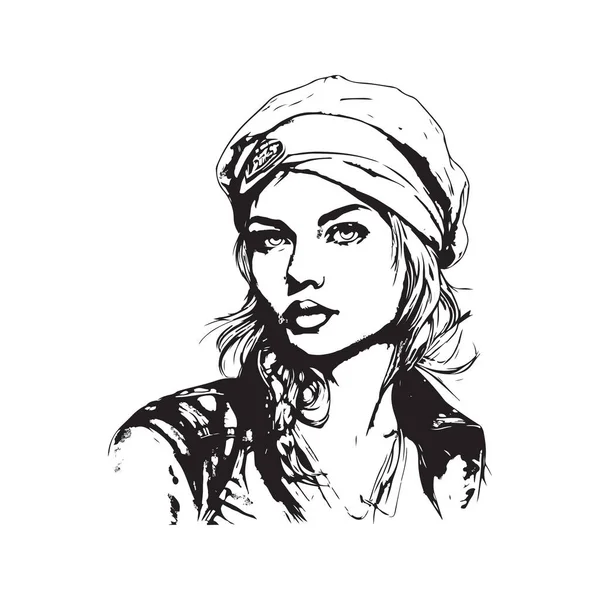 Potret Gadis Pemberontak Muda Logo Vintage Konsep Seni Hitam Dan - Stok Vektor
