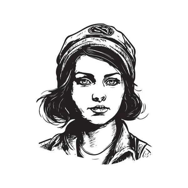 Porträt Junge Rebellin Vintage Logo Linie Kunstkonzept Schwarz Weiße Farbe — Stockvektor