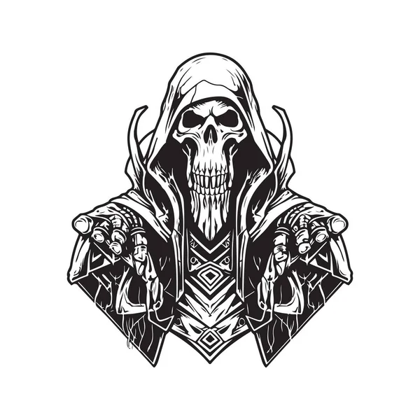 Scary Futuristic Necromancer Vintage Logo Line Art Concept Black White — Stock Vector