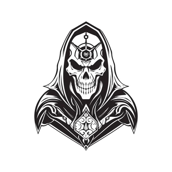 Scary Futuristic Necromancer Vintage Logo Line Art Concept Black White — Stock Vector