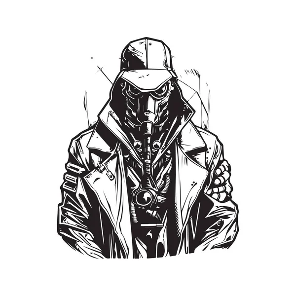 Ficção Científica Cyberpunk Gangster Logotipo Vintage Linha Arte Conceito Preto — Vetor de Stock