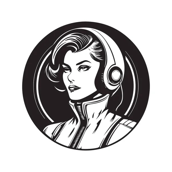 Science Fiction Weibliche Helden Vintage Logo Linie Kunstkonzept Schwarz Weiße — Stockvektor