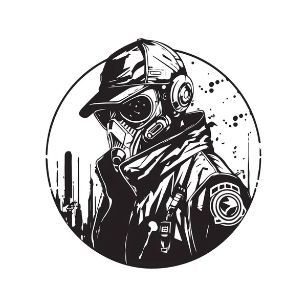 Science Fiction Cyberpunk Gangster Vintage Logo Line Kunstkonzept Schwarz Weiß — Stockvektor