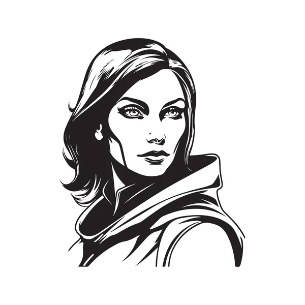 Science Fiction Weibliche Helden Vintage Logo Linie Kunstkonzept Schwarz Weiße — Stockvektor
