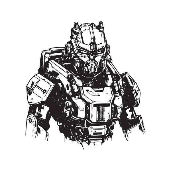 科幻小说军事机器人战士 老式标志线条艺术概念黑白色彩 手绘图解 — 图库矢量图片