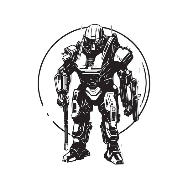 Ciencia Ficción Guerrero Robot Militar Concepto Arte Línea Logotipo Vintage — Vector de stock