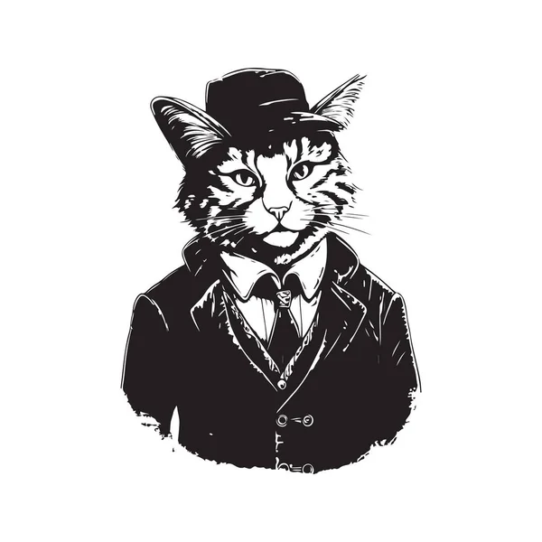 Stilvolle Katze Vintage Logo Linie Kunstkonzept Schwarz Weiße Farbe Handgezeichnete — Stockvektor
