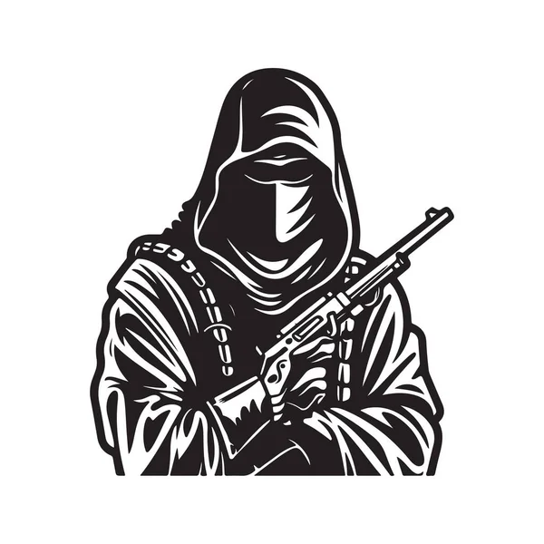 Stealthy Assassin Vintage Logo Linie Kunstkonzept Schwarz Weiße Farbe Handgezeichnete — Stockvektor